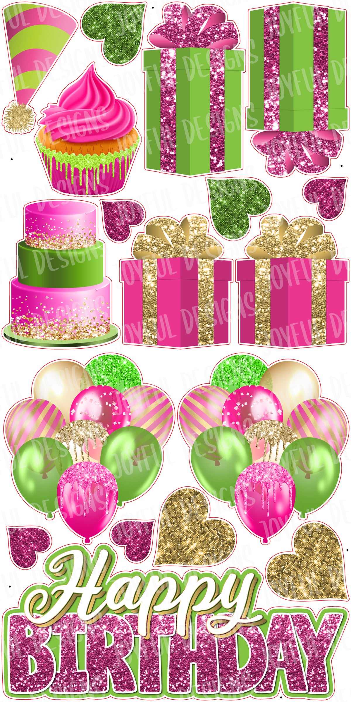 Lime, Pink & Gold "One and Done" Happy Birthday Centerpiece & Flair Set