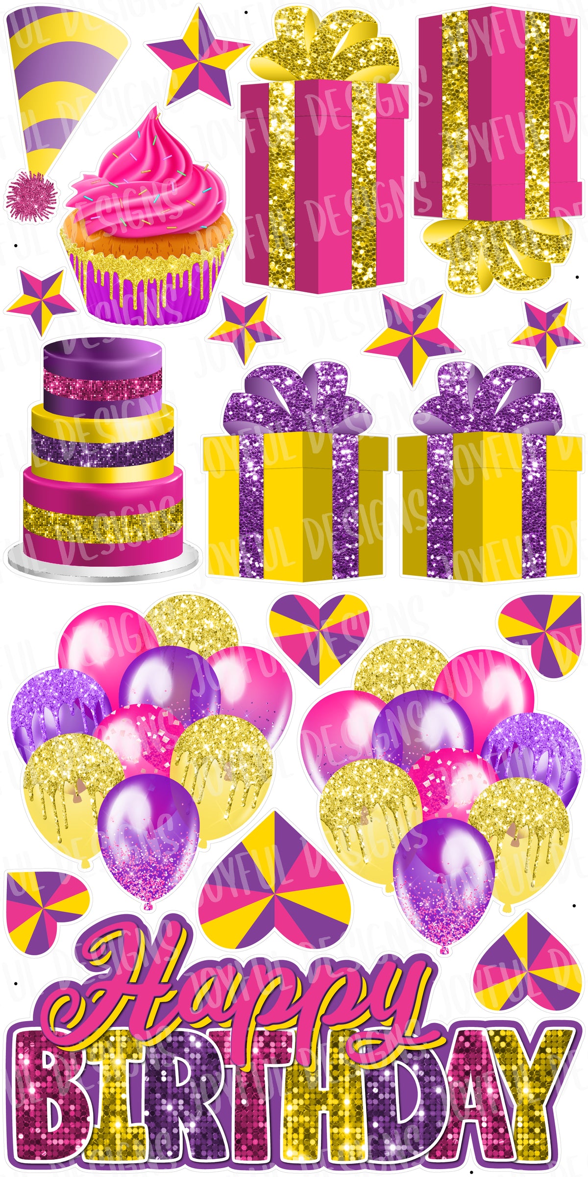 Pink Purple and Yellow "One and Done" Birthday Centerpiece and Flair Set