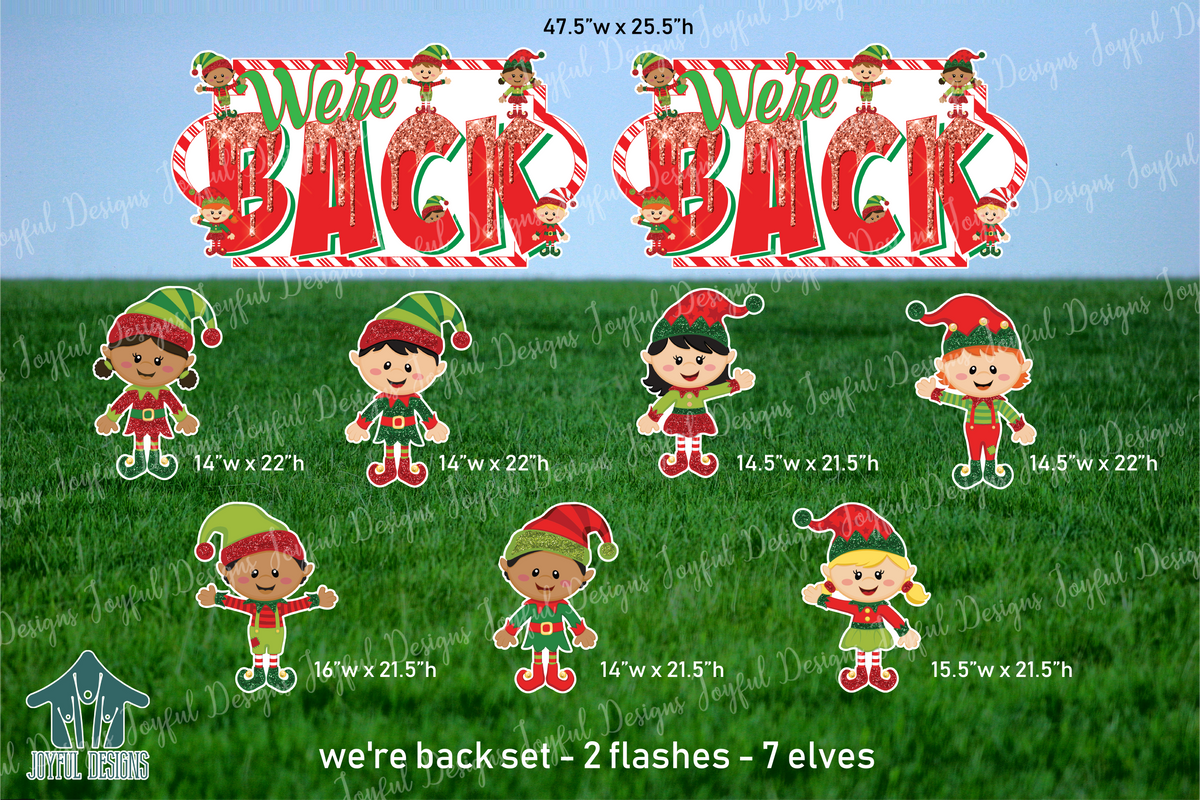 "We're Back" Centerpieces and Elves - set of 2 Centerpieces and 7 elves